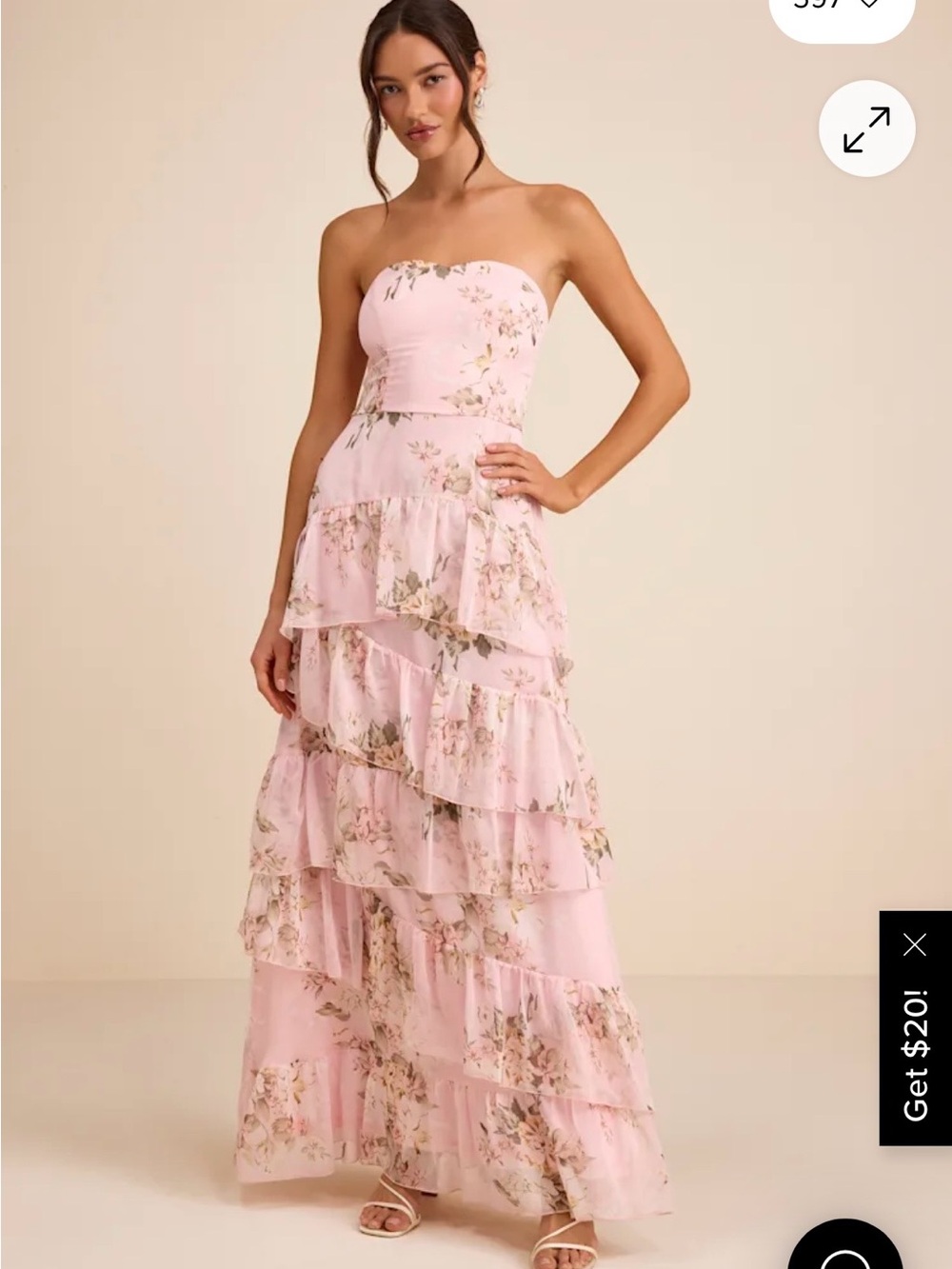 Lulu's Blush Pink Strapless Tiered Floral Maxi Dress